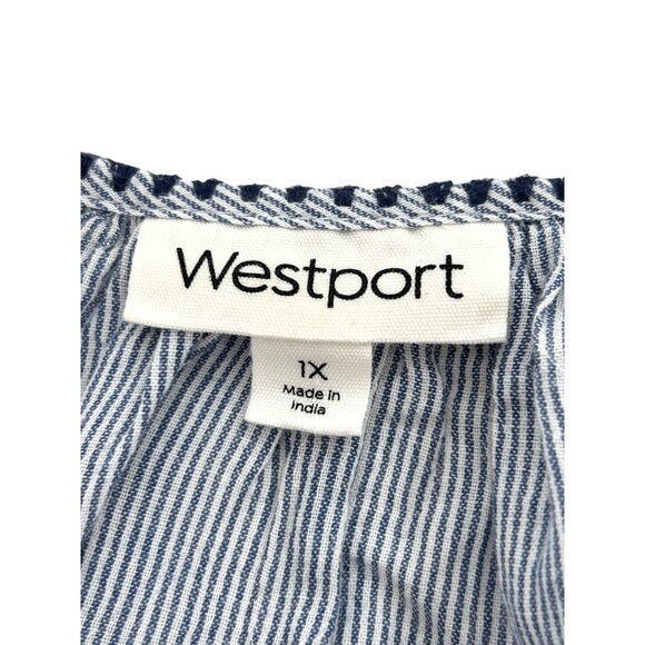 Westport Blouse 1X Blue White Peasant Boho Long Sleeve Embroidery Geometric - Picture 5 of 13